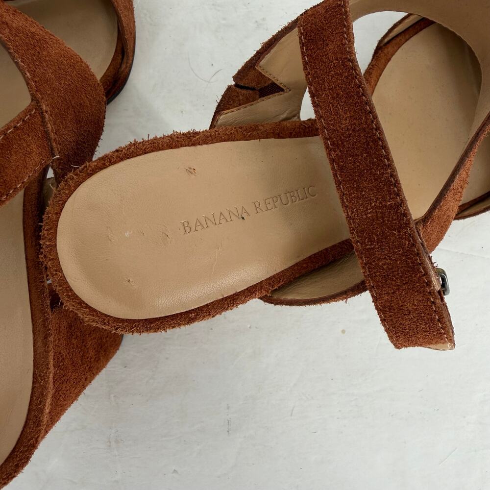 Banana Republic Cognac Brown Suede Block Heel Sandals Ankle Strap Women's 8 - Picture 5 of 10